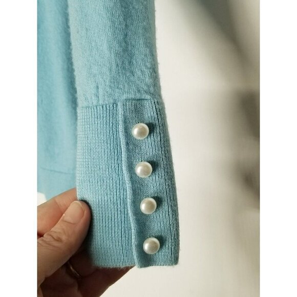Talbots Gathered Shoulder Blue Merino‎ Wool Sweater Pearl Buttons at Cuffs Sz XP - Picture 13 of 16